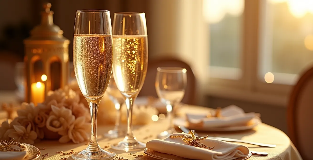 Détails macro de préparation d'une table festive avec verres et décorations