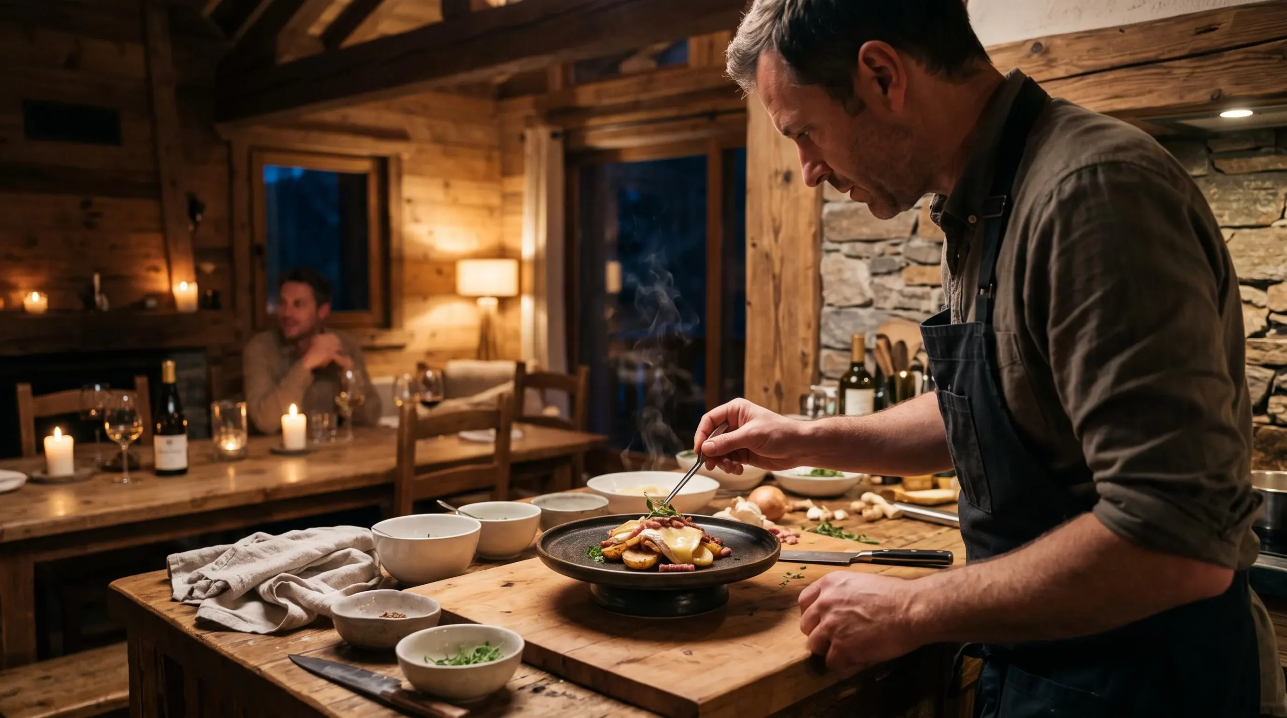 Un chef à domicile dresse un plat raffiné dans la cuisine d'un chalet.