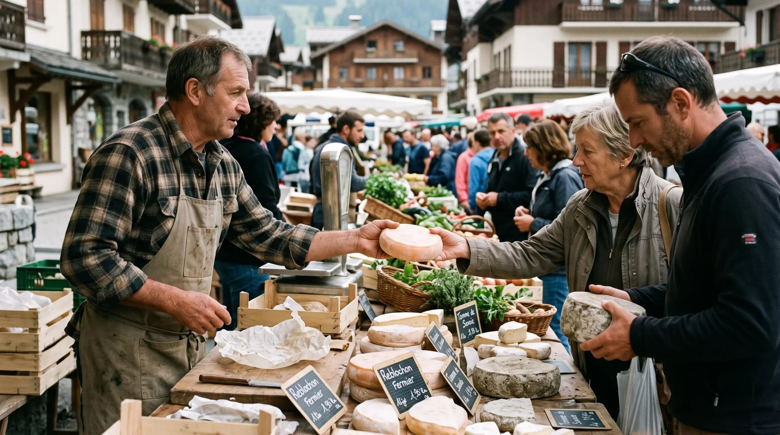 Un producteur présente des fromages savoyards sur un étal du marché de La Clusaz.
