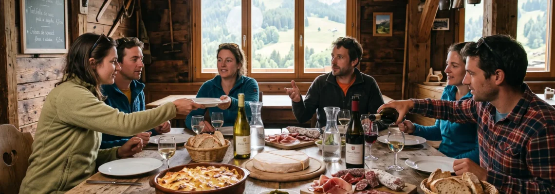 Table savoyarde partagée dans un restaurant de chalet avec vue sur les montagnes.
