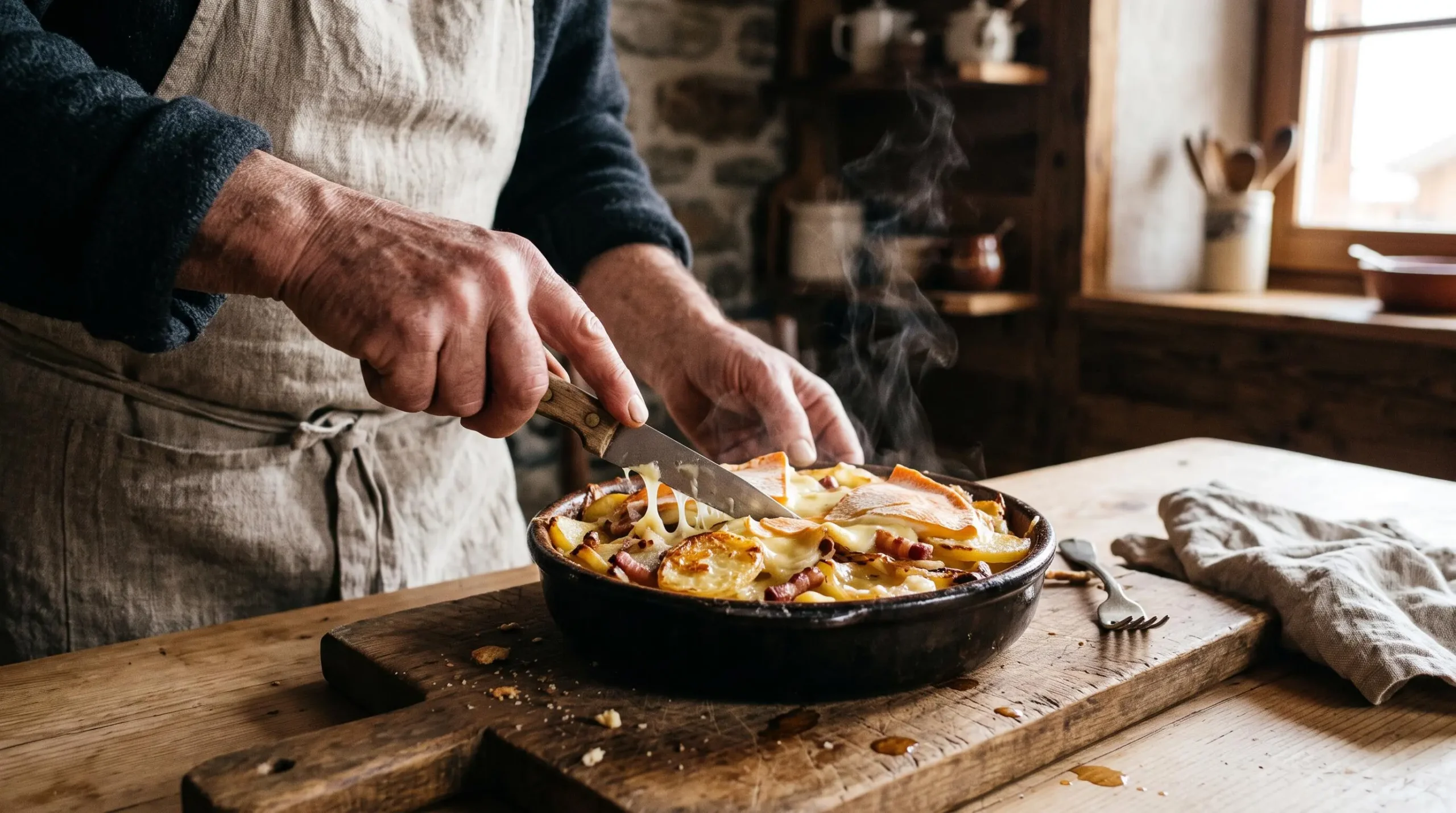 Un restaurateur coupe une tartiflette fumante dans une cuisine de village savoyard.